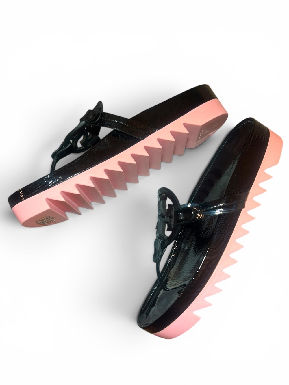 TORY BURCH Miller Cloud Lug Black Pink Leather Platform Sawtooth Sandals - Picture 8 of 16